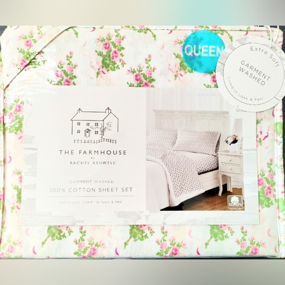Rachel Ashwell Shabby Chic Farmhouse QUEEN Cotton Sheet Set Pink Floral Bouquets